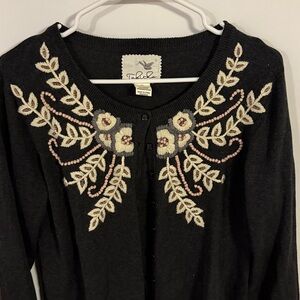 Charcoal Gray Cardigan with Cream and Pink Floral Embroidery